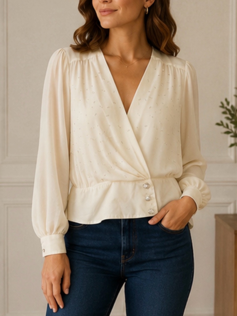 Chaus Cream Wrap Blouse with Pearl Buttons
